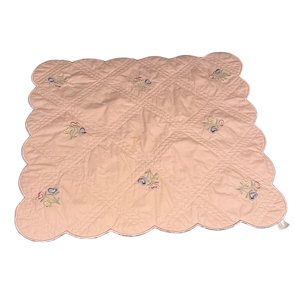 American Girl Bitty Baby Pink Quilted Scalloped Doll Blanket Floral Hearts